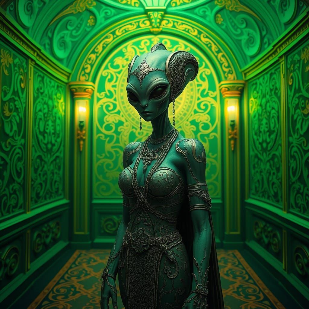 Alien Woman in Art Nouveau Futuristic Room
