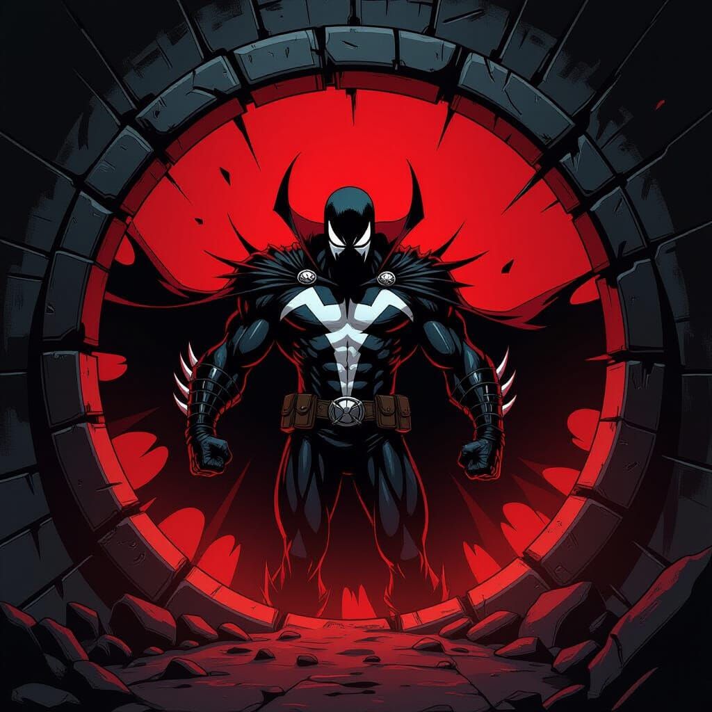 Spawn Emerging from Portal in Gritty Comic Style