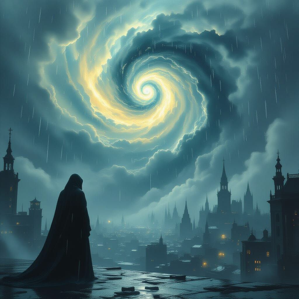 Melancholic Celestial Being Over Gothic Cityscape