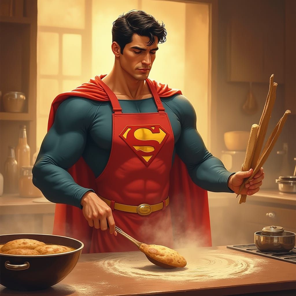 Superman Cooks Naan in Futuristic Kitchen