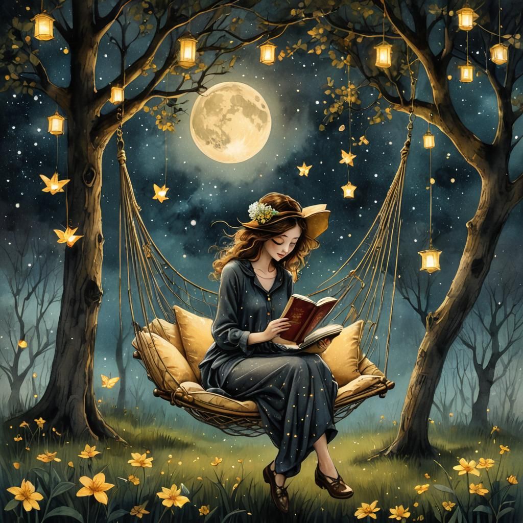 Romantic Woman Reading on Swing at Starry Night