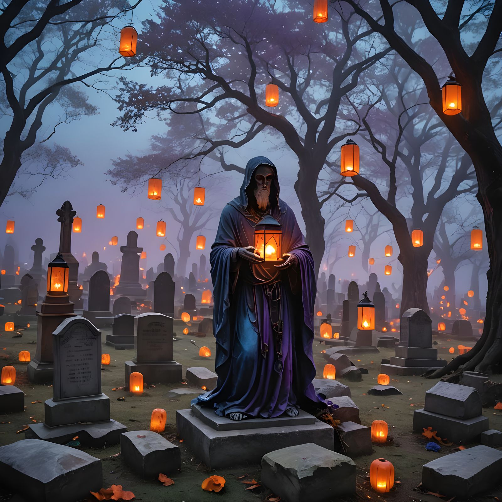 Mystical Creature in Graveyard with Ethereal Lanterns