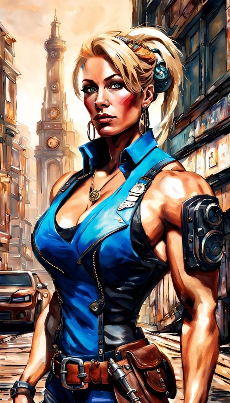 Ultra-Detailed Action pack portrait of <lora:Della Wagnon:1.0>,Blond hair female bodybuilder from Blackpool,England/Age...