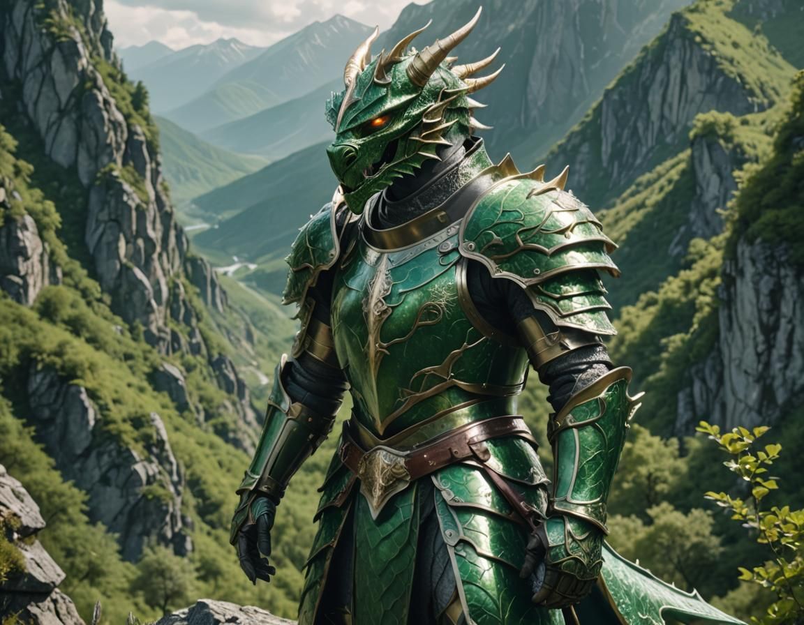Green Dragon Knight in Mountain Landscape