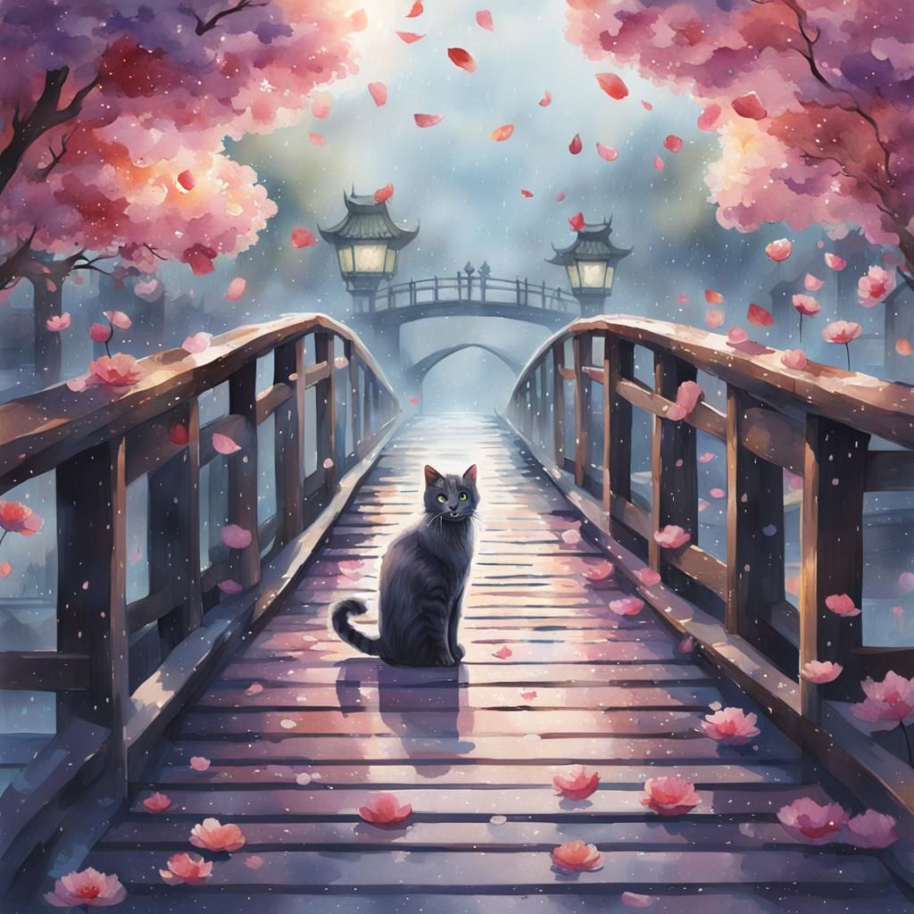 Waiting cat on the bridge,Watercolor