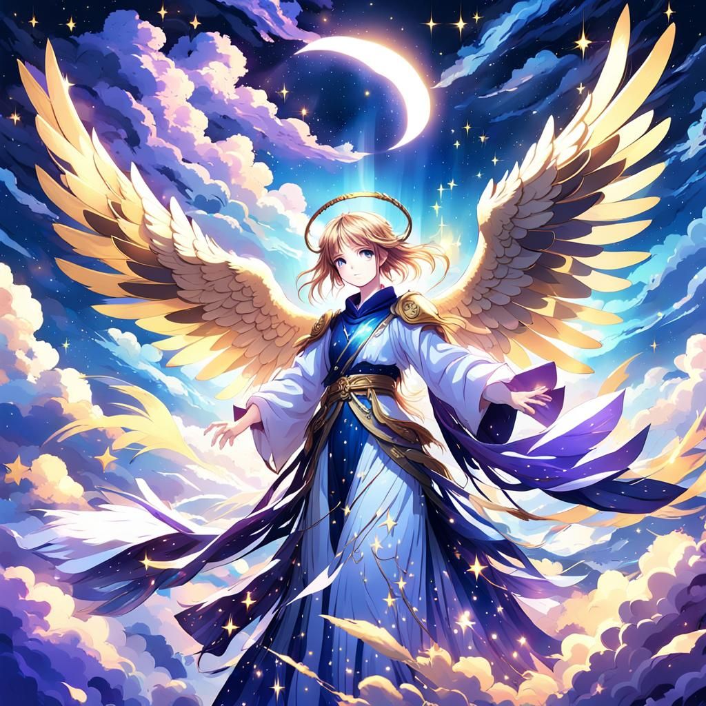 Anime Angel with Iridescent Wings in Night Sky