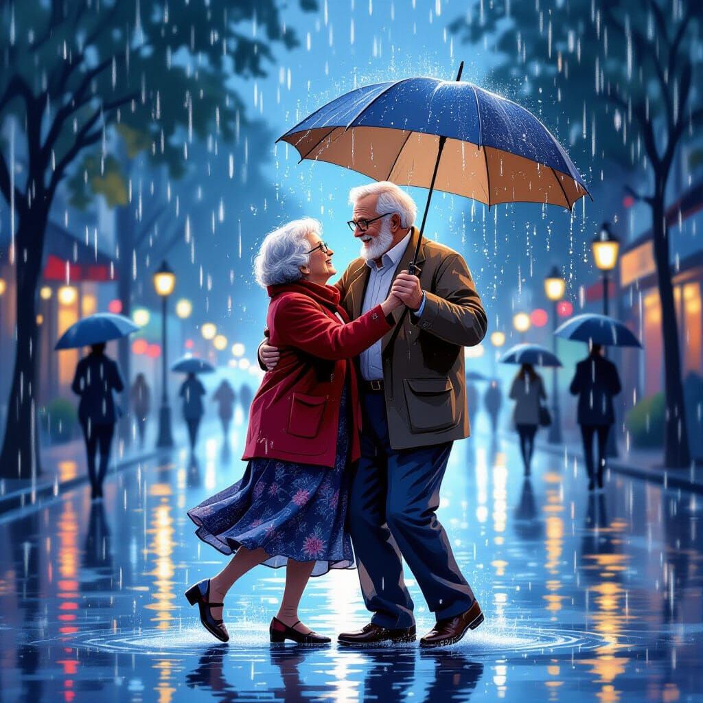 Elderly Couple Dancing in the Rain: Splash Art