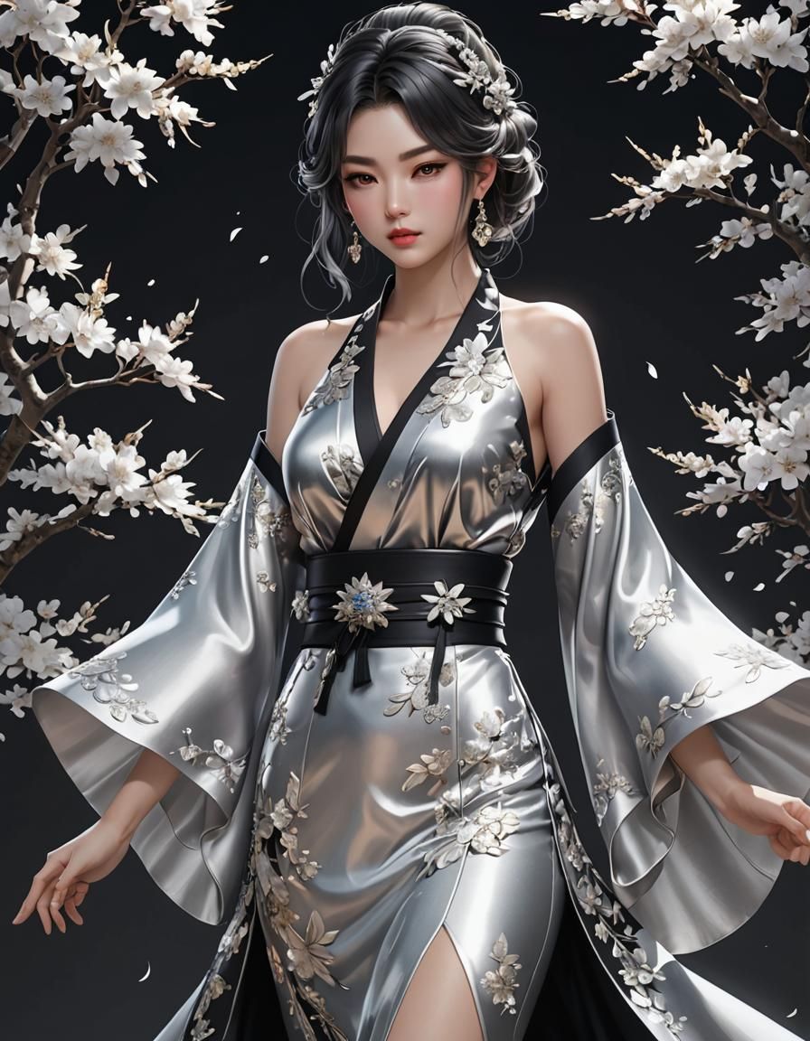 Silver Kimono Dress in 3D Anime Art Style