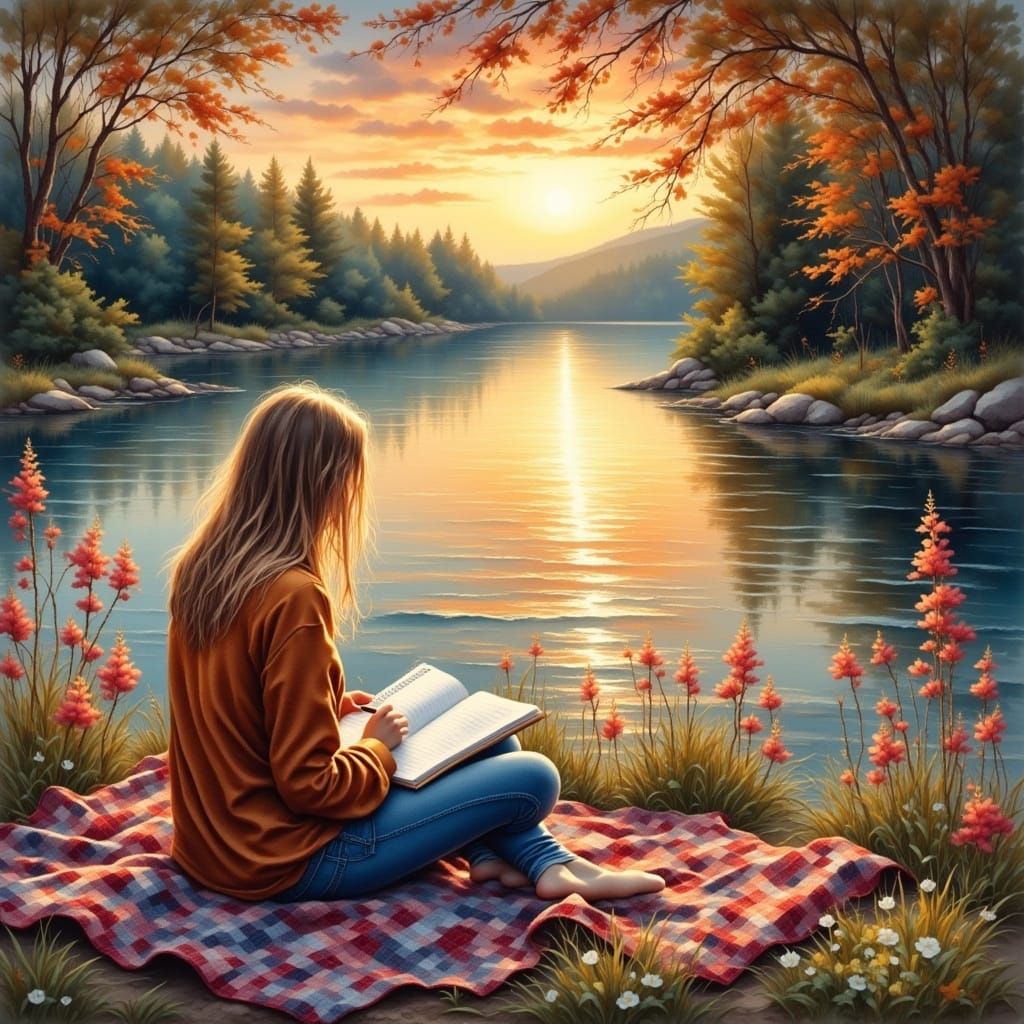 Sunset Sketch by the Lake in Watercolor Style