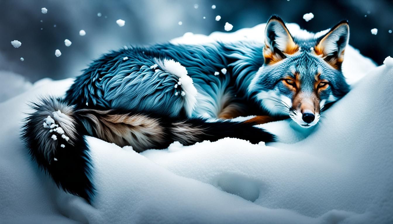 Glass Silver Fox Sleeping in Snow: Double Exposure