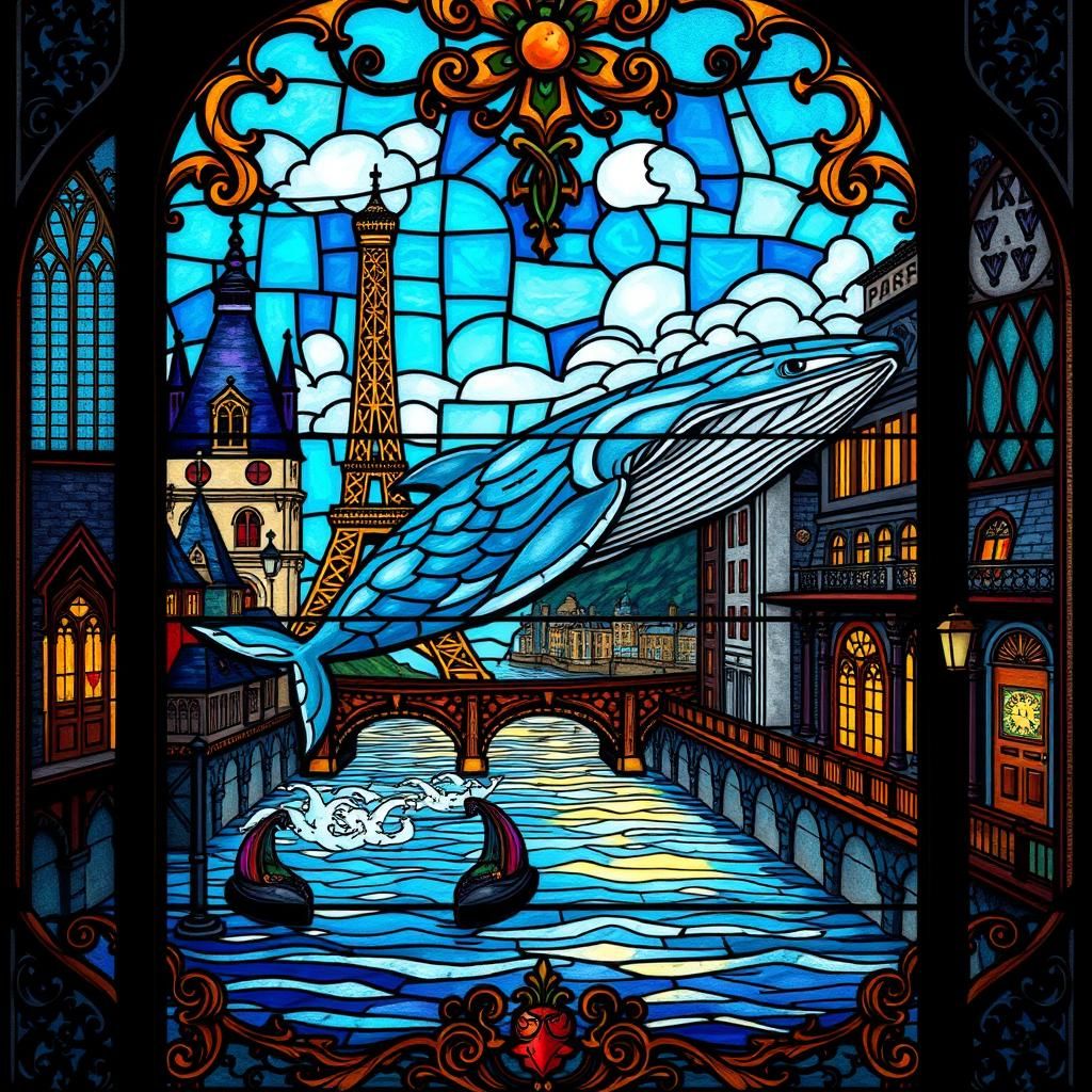 Parisian Whale in Vibrant Stained Glass Art