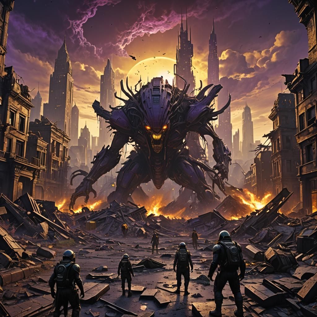 Epic Alien-Human Battle in Ruined Cityscape