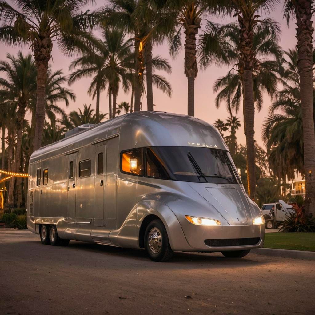 Art deco Tesla truck motorhome, bullet train shaped, at a Ca...