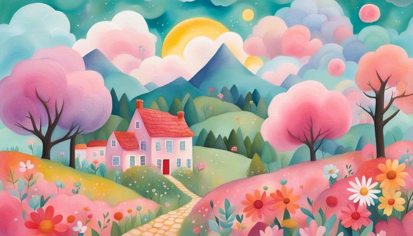 Soft Colorful Storybook Landscape in Naive Art Style