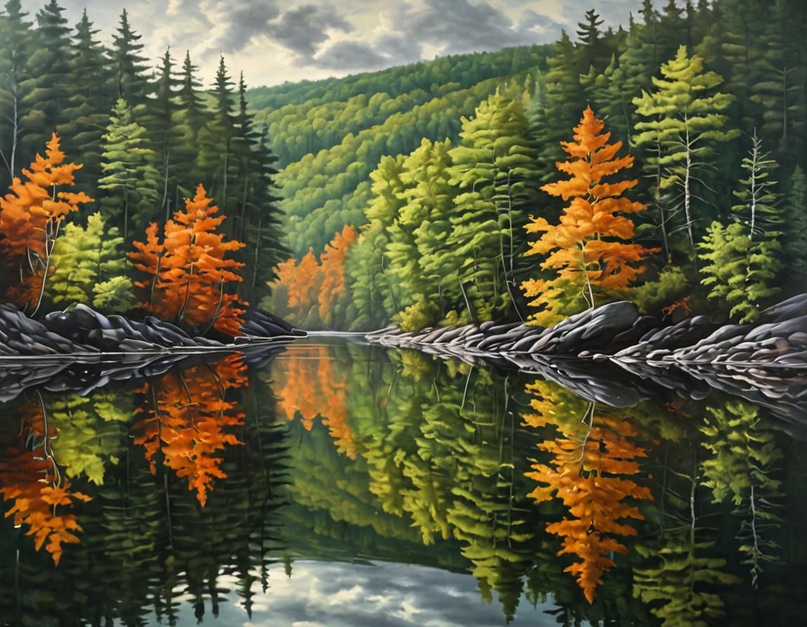 Green Monochromatic Autumn Reflections on Miramichi River