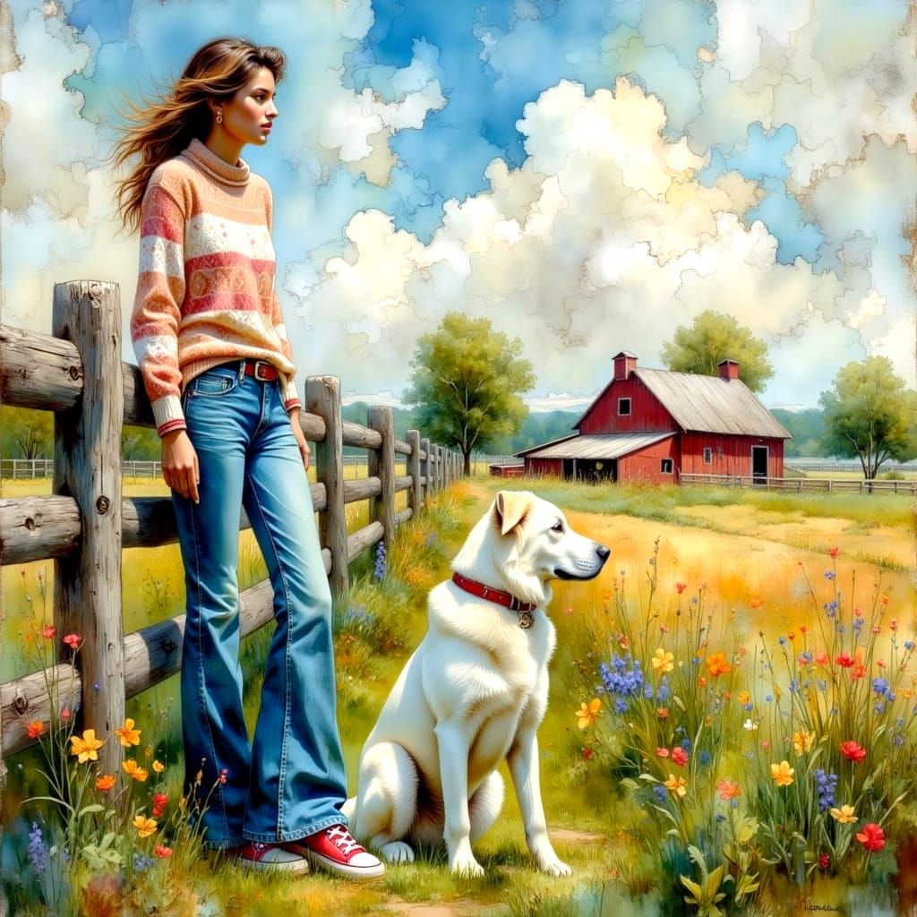 Sassy Woman with Dog in Farm Landscape, Oil Painting