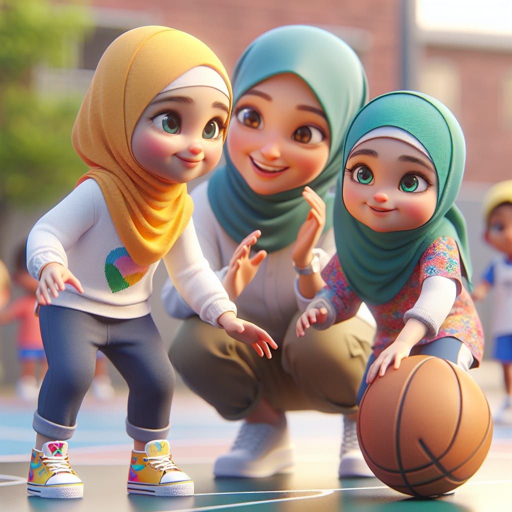Disney Pixar style 3D adorable little girls wearing hijab, playing basketball, their woman coach wearing hijab on the si...