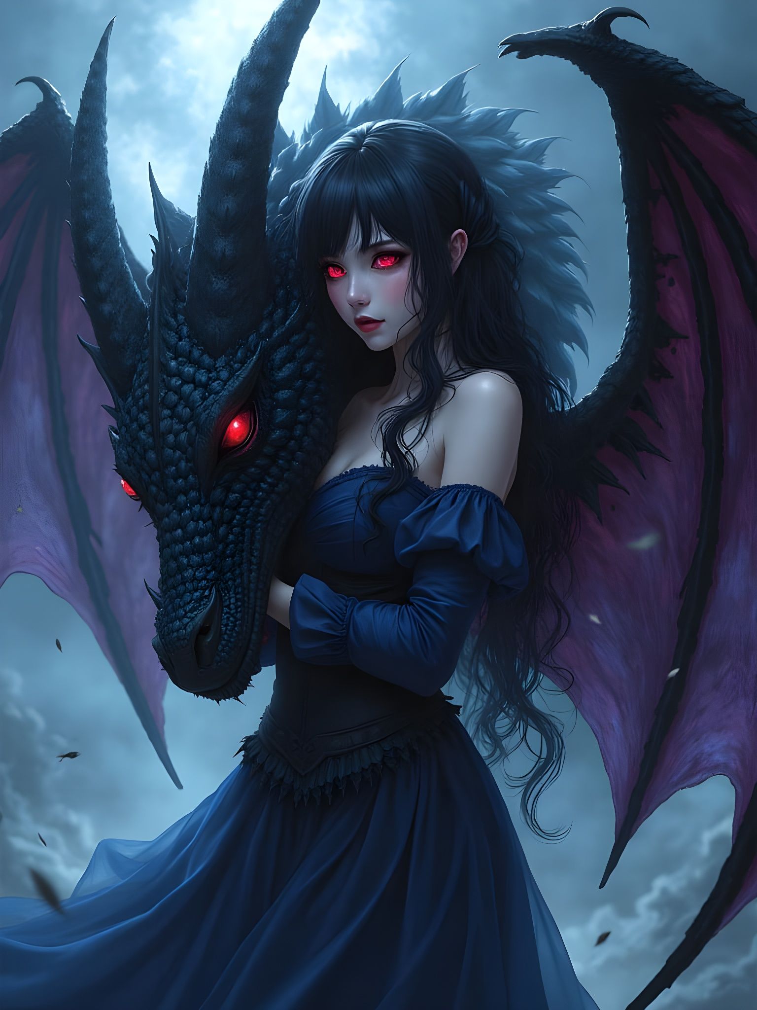 Dark Fairy and Dragon in Anime Style