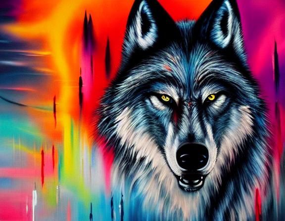werewolf graffiti art, splash art, street art, spray paint, oil gouache melting, acrylic, high contrast, colorful polych...