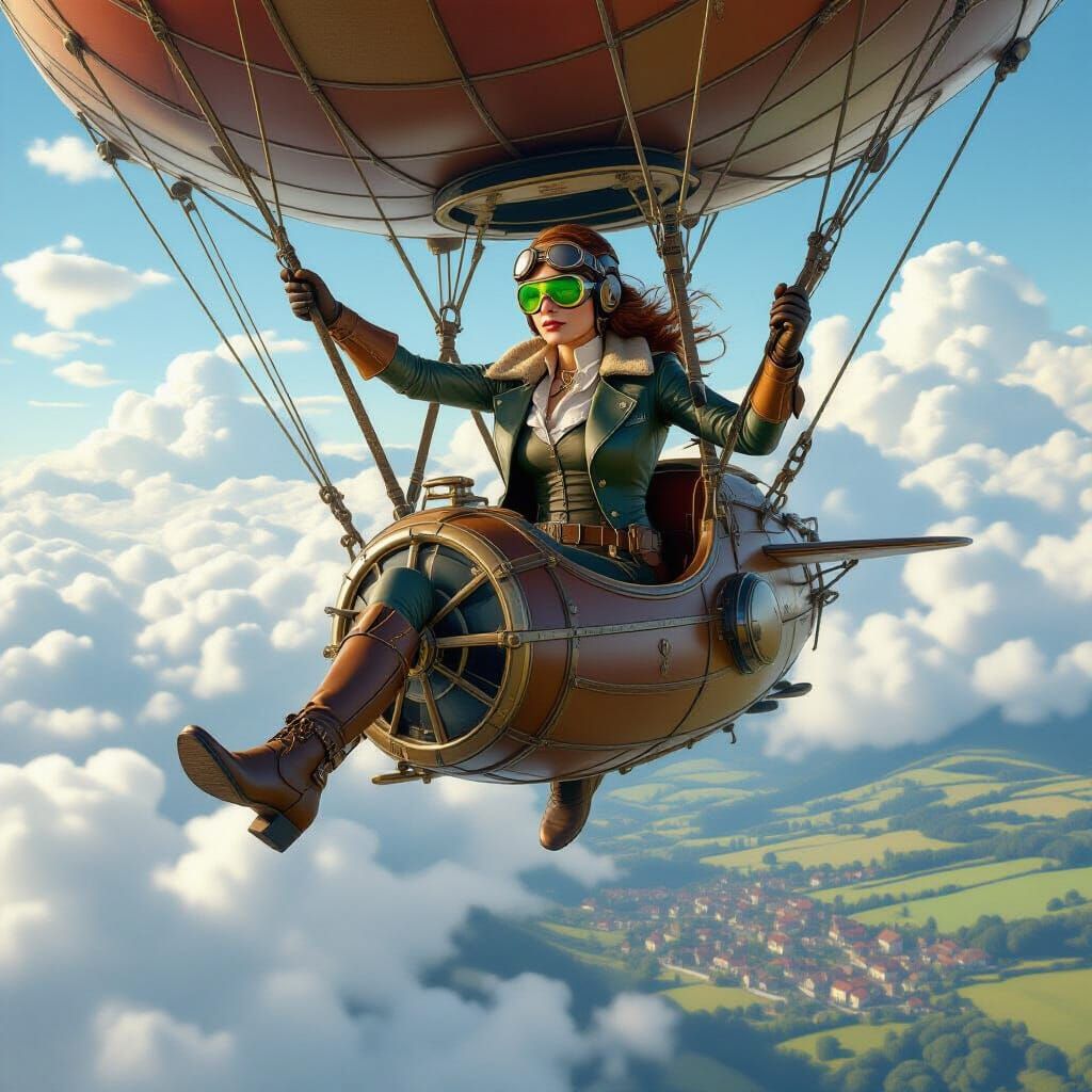 Victorian Pilot Navigates Zeppelin Above Quaint Villages
