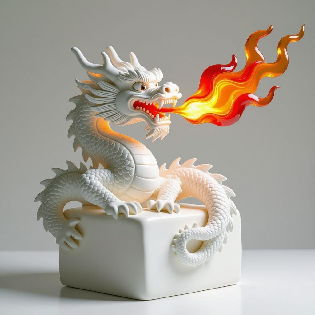 Intricate White Dragon Sculpture Breathing Glass Fire