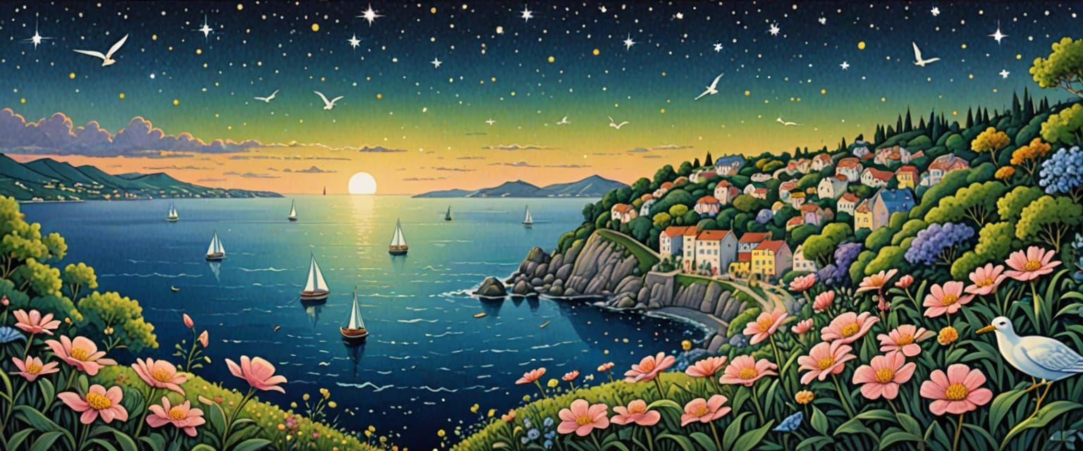 Folk Art Seaside View in Watercolor and Gouache