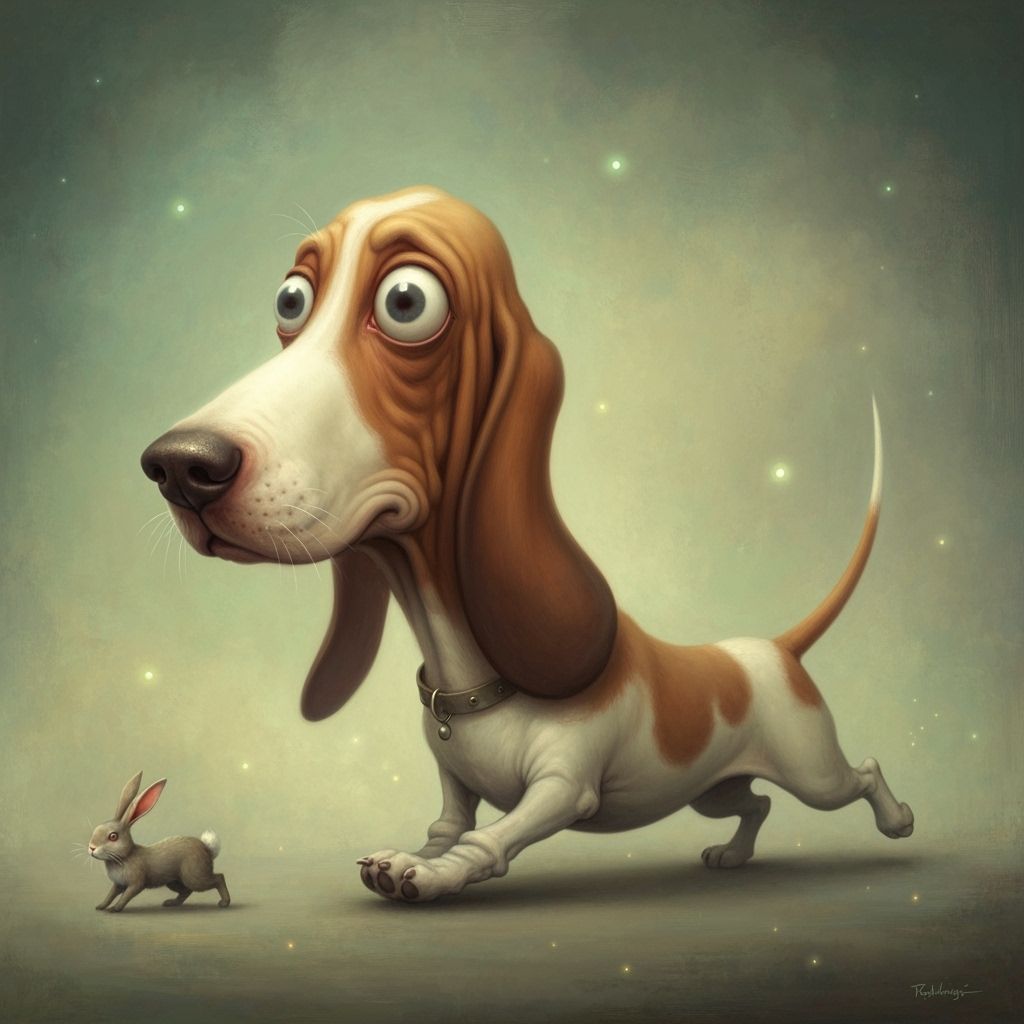Surreal Basset Hound Chasing Rabbit in Dreamlike Landscape