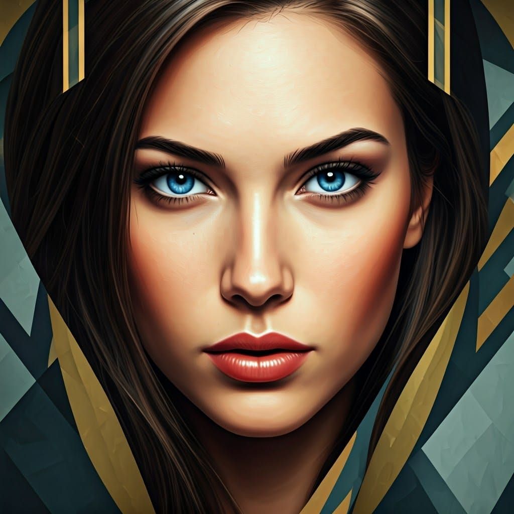 Neo-Cubist Woman with Blue Eyes in Geometric Setting