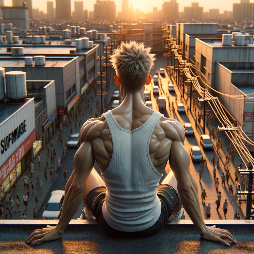 Teenager on Rooftop at Sunset in Hyperrealistic Style