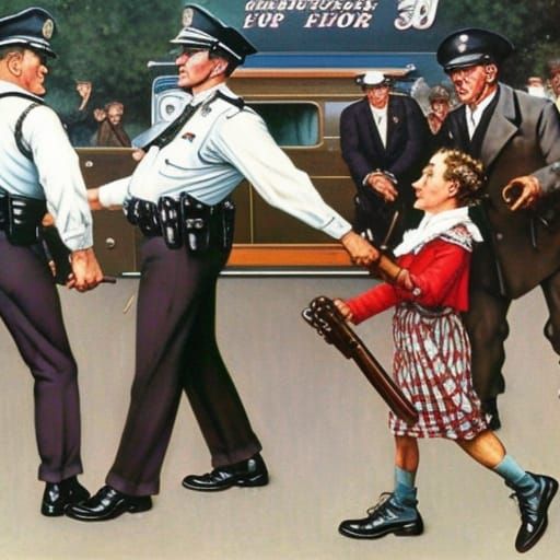 Police Confrontation in Norman Rockwell Style