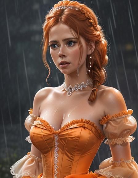 Luminescent Orange Gown in Rain, Oil Painting