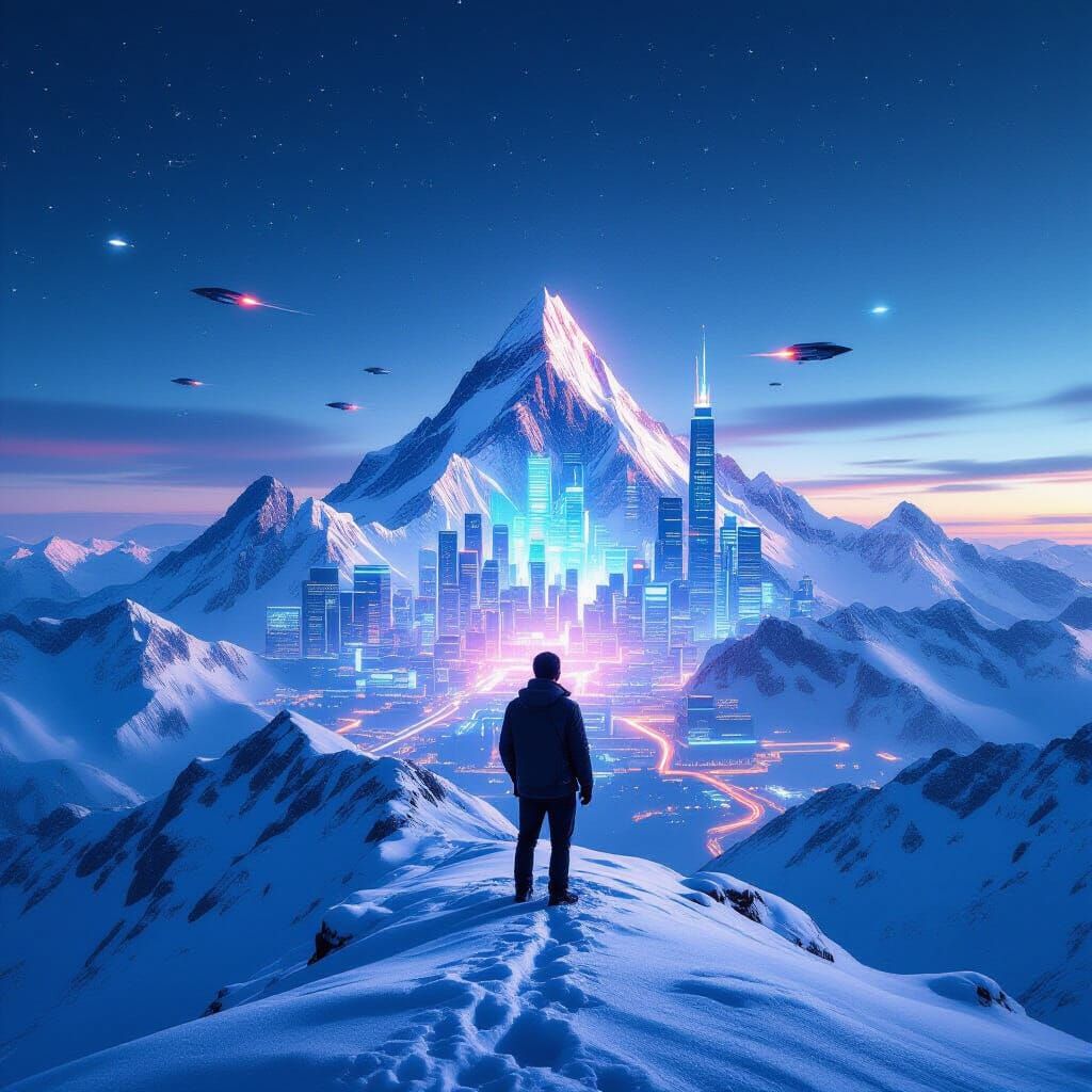 Futuristic City Double Exposure on Snowy Mountain