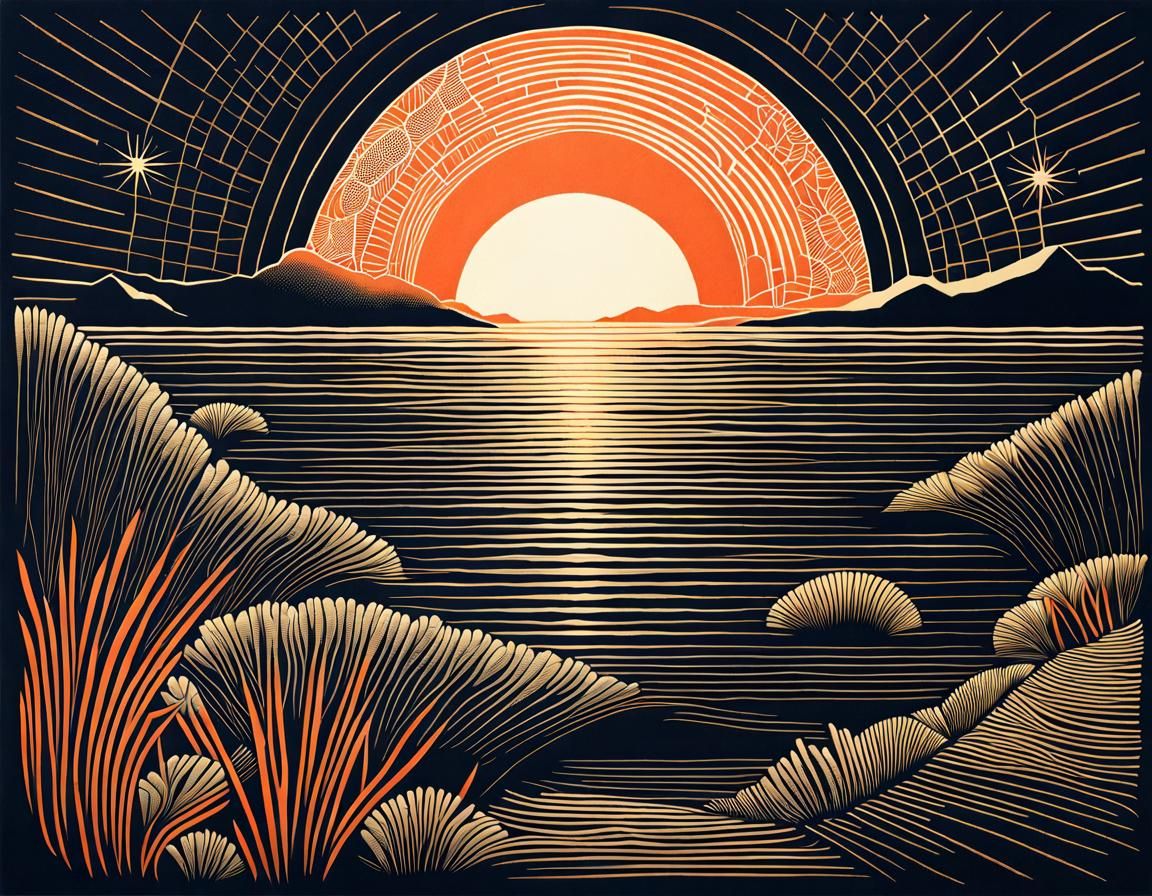 Golden Ratio Coral Reef Linocut Illustration