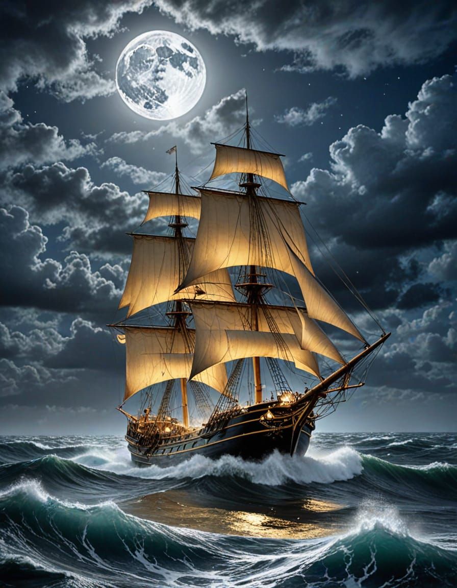 Sailing vessel charts its course beneath a brilliant full moon.