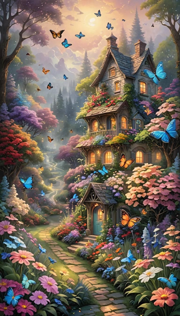Magical Garden with Colorful Butterflies in Kinkade Style