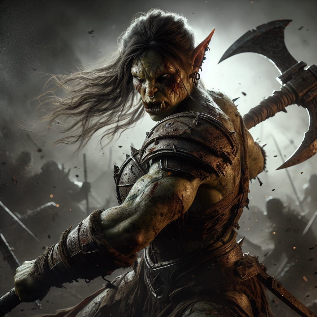 Brutish Orc Warrior Queen on Battlefield in Hyperrealism
