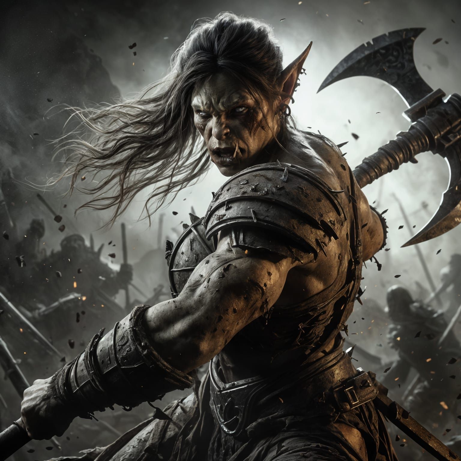 Brutish Orc Warrior Queen on Battlefield in Hyperrealism