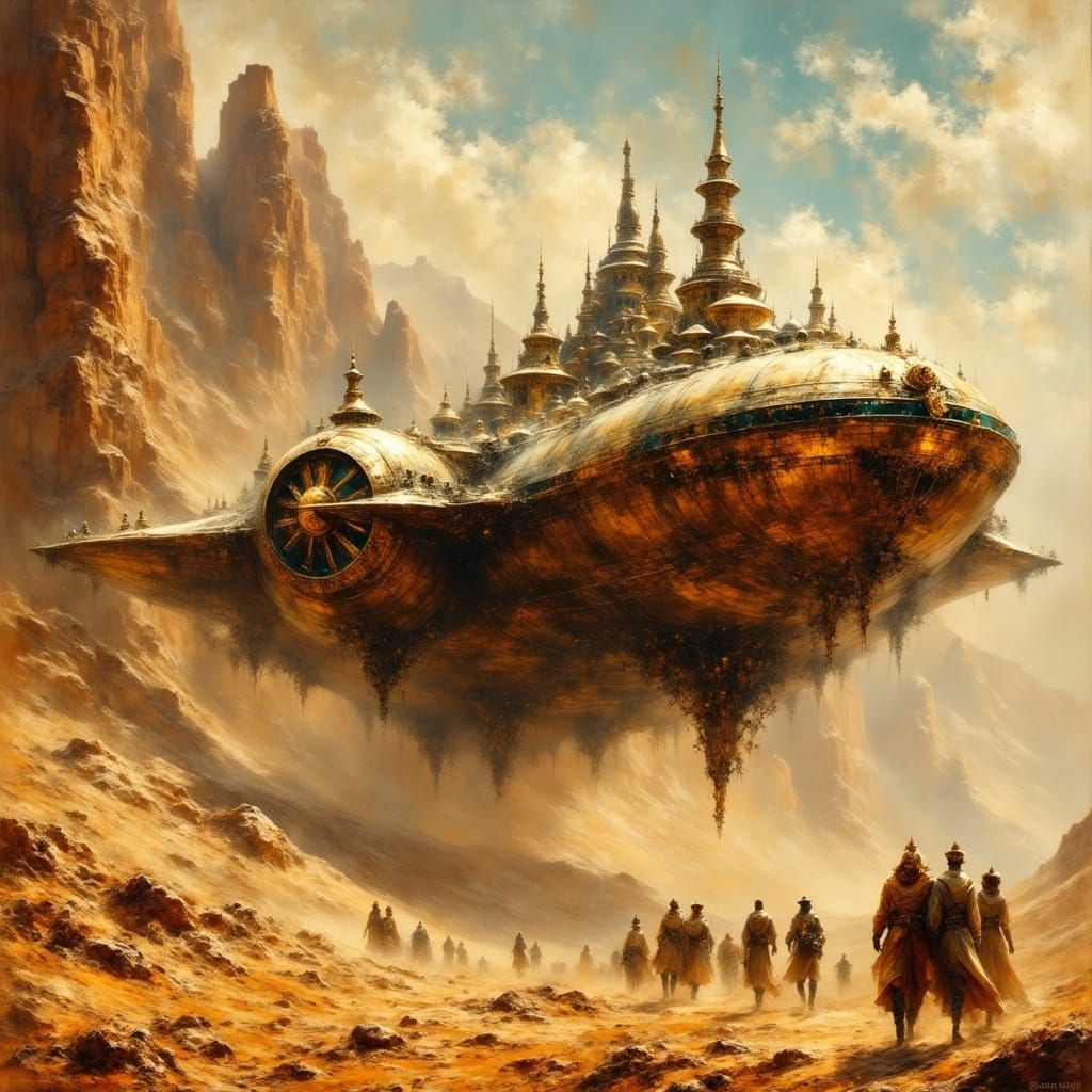 Cyberpunk City Spaceship in Alien Desert