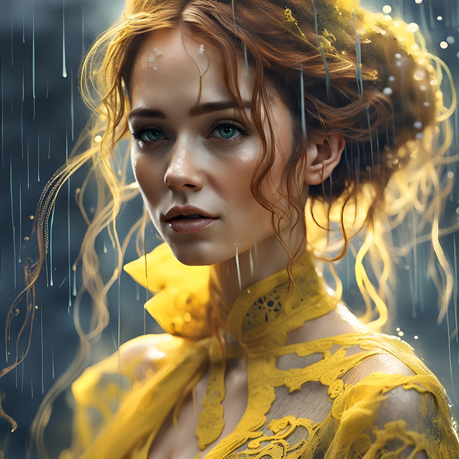 Gorgeous Bride in Lacy Yellow Dress, 3D Digital Art