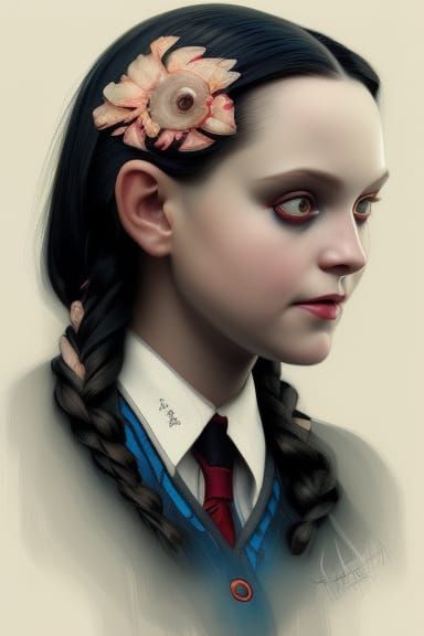Wednesday Addams Portrait in Hyperdetailed Art Nouveau Style