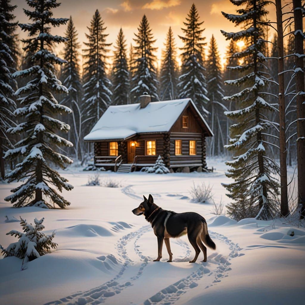 Winter Serenity with Hound Dog on the Scent in a Snowy Lands...