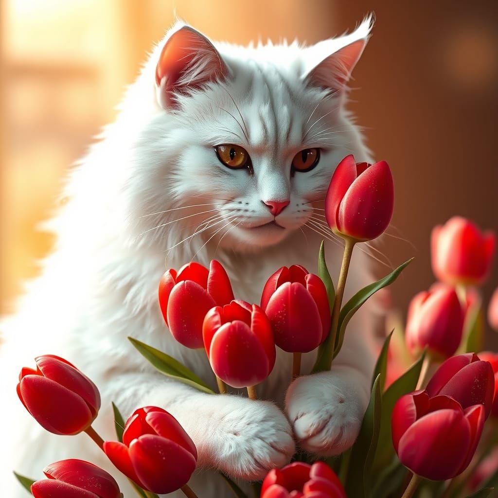 Regal Snow-White Cat Surrounded by Red Tulips in Dreamlike A...