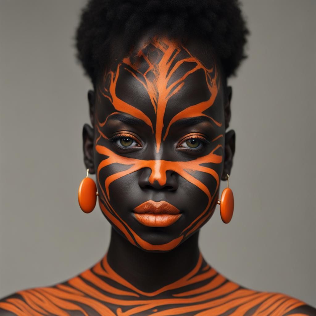 Ebony Skin with Bold Orange Face Paint