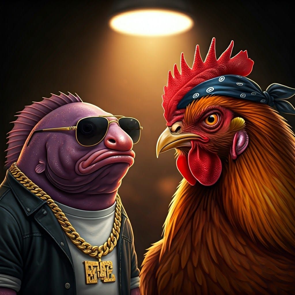 Gangsta Blobfish and Chicken in High-Contrast Photo