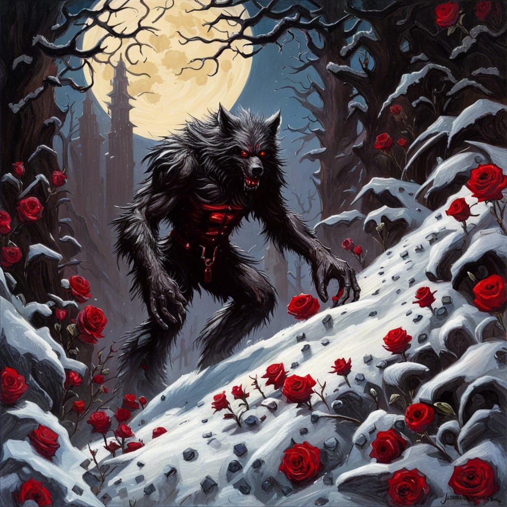 Gothic Werewolf in Snow with Crimson Roses