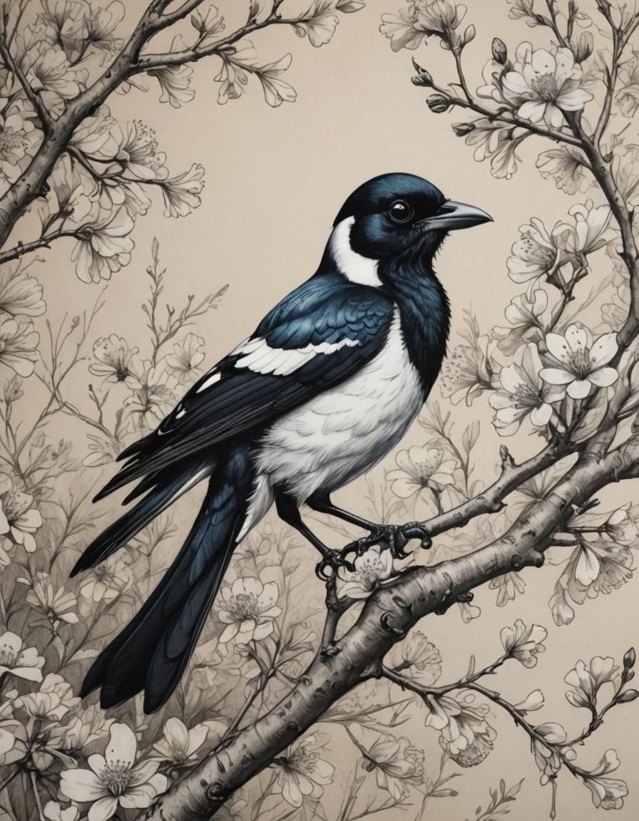 Magpie Close-Up: Intricate Pencil Sketch