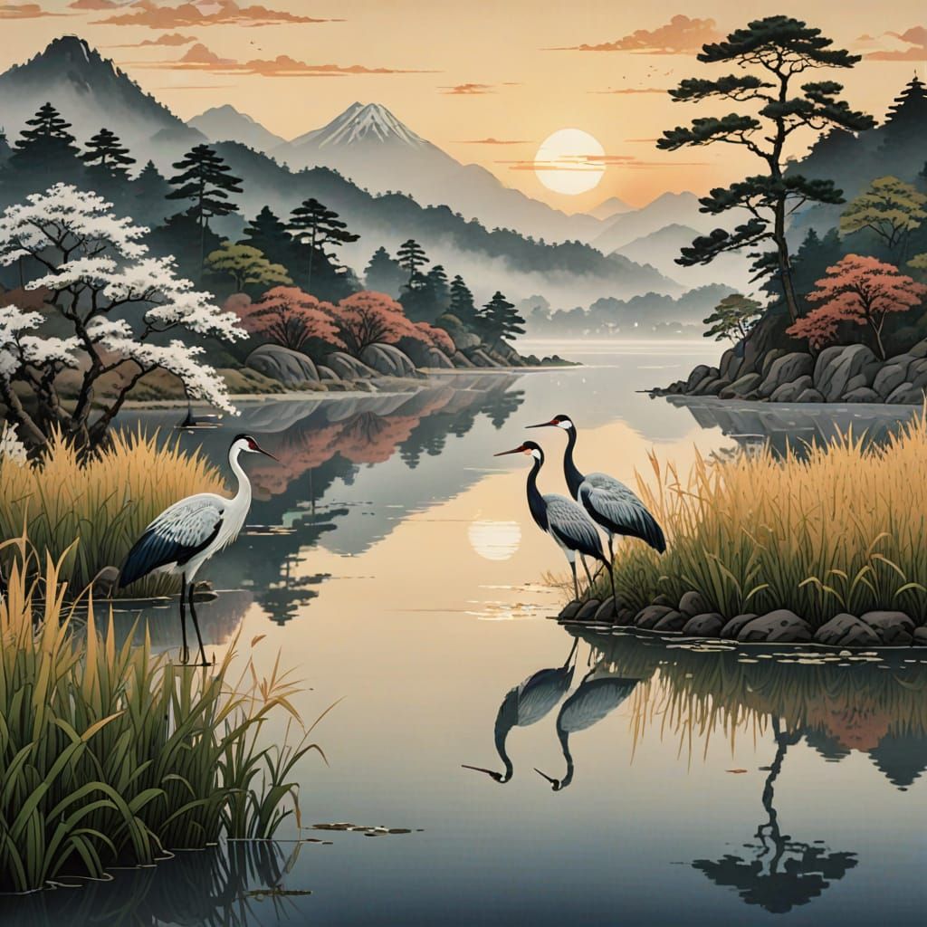 Serenely Contemplative Cranes in Golden Evening Light, Sumi-...