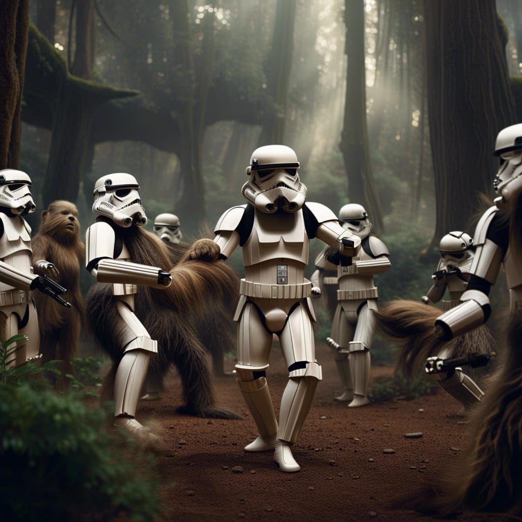 Stormtroopers Celebrate with Ewoks and Wookies