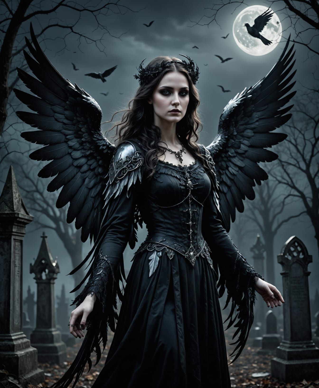 Gothic angel woman with black feathered wings, moonlit grave...