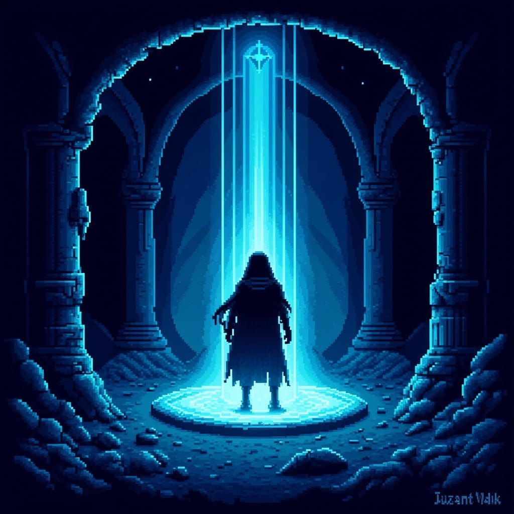Mysterious Youth in Dark, Atmospheric Caverns in Pixel Art S...